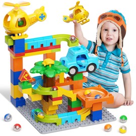 Marble Run Building Blocks - Children's Toy 70 Pieces Marble Run Building Blocks with Police Car, Aerial Vehicle, Marble, STEM Toy Building Options and Ball Racing Gift for Boys Girls from 3 4 5 6 7
