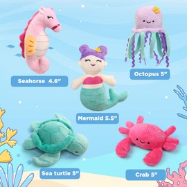 BenBen Ocean Stuffed Animal, 5 Pack Small Sea Creature Plush Toys and Shell Carrying Bag Set, Cute Plushies for Baby Kids, Sea Turtle, Octopus, Mermaid, Seahorse, Crab, Baby Shower