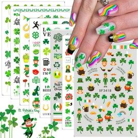 POWPOP Shamrock Nail Stickers, 3D Self-Adhesive Acrylic Clover Irish Nail Decals, Green Lucky Clover Nail Art Supplies for Women DIY Manicure Decorations