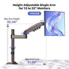 HUANUO Stackable Dual Monitor Arm - Adjustable Gas Spring Monitor Mount for Gaming and Home Office Setups, Monitor Stand Hold up to 32" with 19.8 lbs Max Weight and C-Clamp or Grommet Hole Mounting:_Height-Adjustable Single Monitor Arm
