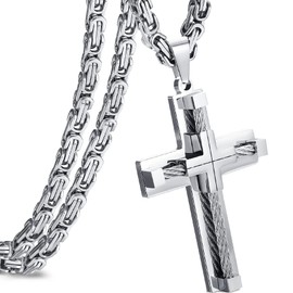 JUNOVUROS Cross Pendant Necklace for Men, Jesus Christ 316L Stainless Steel 20 to 28 In Rolo/24 In Byzantine Chain, 2 Sizes of Religious Jewelry with Silver/Gold/Black/Multicolor