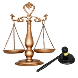 Antique Metal Justice Represent Libra Jewelry Tower with Fixed Beam/w Wooden Gavel and Block Set, Lawyer Scale of Justice, Judge Sound Block Set, Auction Sale – Golden, 15“ W x 17“ H