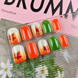 Fall Press on Nails Short Square Fake Nails with Gold Sequins Maple Leaves Design Orange Green Glossy Acrylic False Nails Thanksgiving Stick on Nail Artificial Gel Glue on Nail for Women 24Pcs