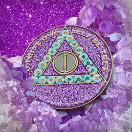 The Token Shop 1 Year Sobriety Coin | Crystallized Purple Glitter AA Chip Recovery Anniversary Token with Serenity Prayer