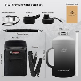 NATURE PIONEOR 64oz Insulated Water Bottle with Handle,Stainless Steel Half Gallon Water Bottle with Straw,Metal Large Tumbler Jug with Holder Carrier，Keep Cold Hot, Black