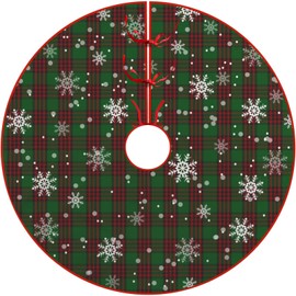 Christmas Tree Skirt, Red and Green Buffalo Plaid Tree Skirt Snowflake Thick Xmas Tree Skirt for Holiday Party Christmas Tree Decorations Indoor Outdoor 48 Inches(120cm)