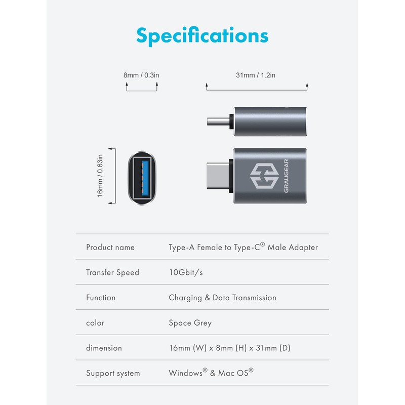 GRAUGEAR USB-C Adapter, Fast Data Transfer, Up to 10Gbps, USB