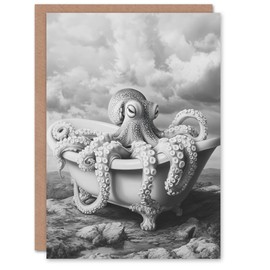 Artery8 Greeting Card Giant Octopus Bathtub Black White Mountain Cliff Blank For Him Or Her Art Birthday Card
