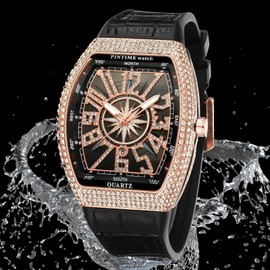 FANMIS Mens Skull Big Face Watches Rectangle Punk Diamond Dial Leather Strap Calendar Quartz Sports Wrist Watch (Rose Black)