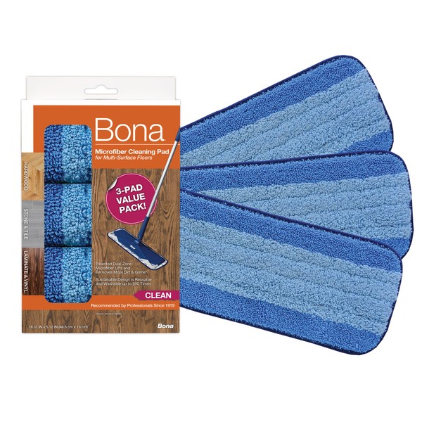 Bona Microfiber Cleaning Pad for Hardwood & Hard Surface Floors - 3 Pack - For Use With Bona Mop - Dual Zone Cleaning Design for Faster Cleanup