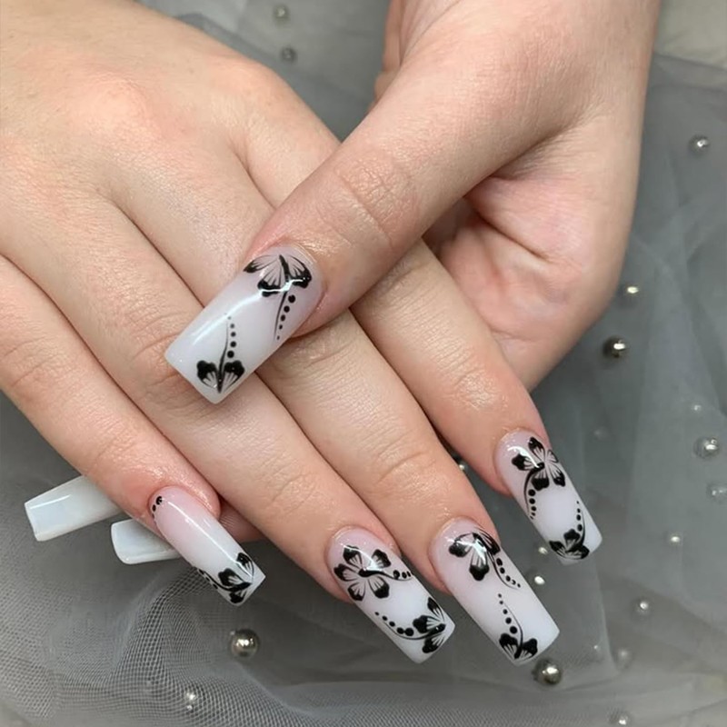 Long Square Press on Nails Black Flower Fake Nails with