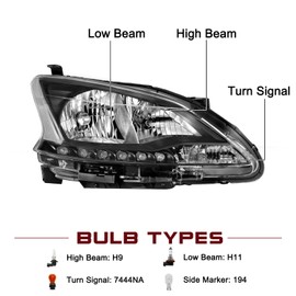JSBOYAT Headlight Assembly Replacement for 2013-2015 Sentra Black Headlamp Driver and Passenger Side Black Housing with Clear Reflector