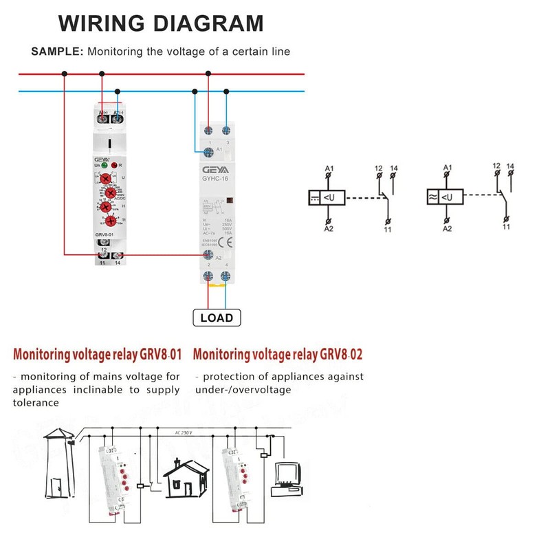 GEYA Single Phase Voltage Relay Adjustable Over or Under Voltage