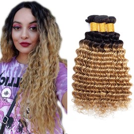 Ombre 1b27 Deep Wave Human Hair 3 Bundles Tow Tone Black To Honey Blonde Bundles Grade 8A Brazilian Remy Hair Weaves Extensions 26 28 30 Inch For Women