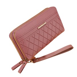 Aglem Women's Long Wallet, Double Round Zipper, Large Capacity, PU Leather, Multi-functional, Long Strap, Coin Purse, Lightweight, Present, Pink