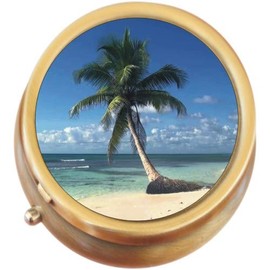 Palm Tree Beach Brass Round Pill Box
