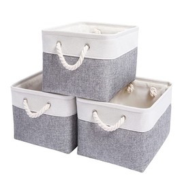 Mangata Fabric Storage Basket, Small Storage Box, Cupboard Basket Storage, Fabric with Cotton Rope, for Toys, Wardrobes, Shelves, Clothes, Foldable, Grey/White, Pack of 3