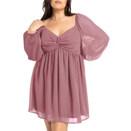 SCOMCHIC Women's Plus Size Puff Long Sleeve Dresses Sweetheart Neckline A Line Short Wedding Guest Cocktail Dress Pink