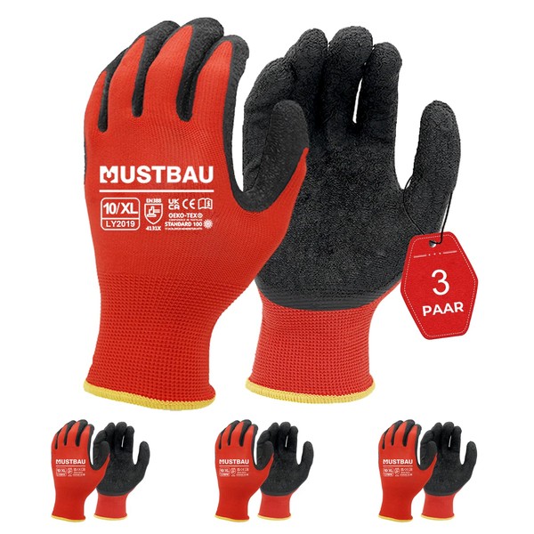 Mustbau 3 Pairs Safety Work Gloves, Gardening Gloves, Breathable Seamless
