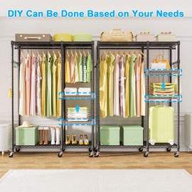 Ulif F4R Heavy Duty Clothes Rack（With Lockable Wheels ） Rolling Clothing Racks for Hanging Clothes，Adjustable Closet Organizer System，Portable Garment Rack 45" W x 15" D x 72" H，Max Load 520LBS，Black