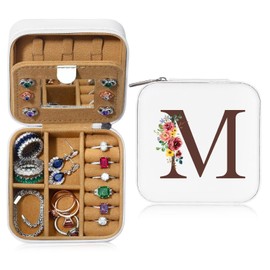 Small Jewellery Box with Initial Letter M and Flower Initial Jewellery Box Travel Organiser Box Gifts for Women Girls Gifts for Christmas Birthday Wedding Bridesmaid