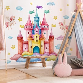 Magical Princess Castle Wall Stickers for Girls Room Peel and Stick Unicorns Cloud Star Wall Decals for Kids Room Nursery Bedroom (Colorful A)