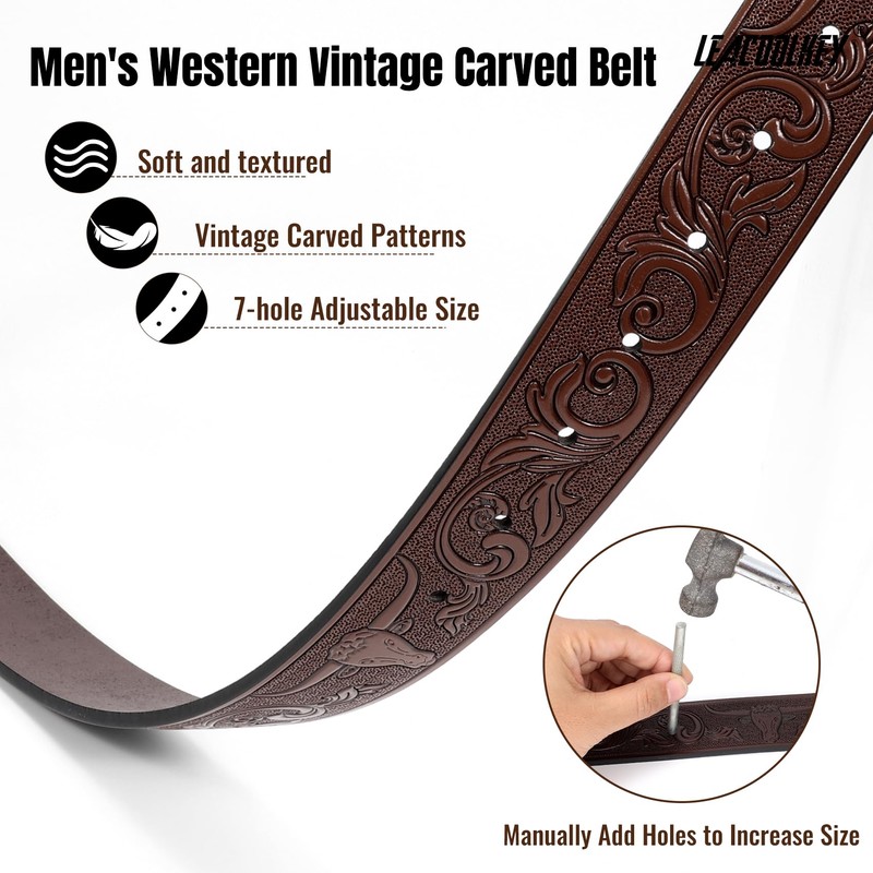 LEACOOLKEY Western Leather Belt Strap for Men Cowboy Belts without