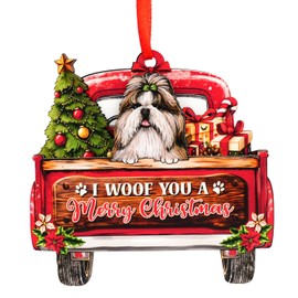 Shih Tzu Dog Christmas Ornament - Beautiful Holiday Decoration for Dog Lovers, Xmas 3-Layer Wood Dog Red Truck Ornament for Pet Owners - 2024 Christmas Home Decor