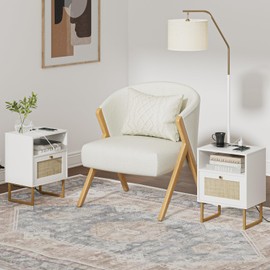 Masupu Rattan Nightstand with Charging Station,Modern Boho Farmhouse Wood Bedside Table with Storage Drawer and Open Shelf,Small Gold Frame Side End Table for Bedroom,Living Room,Office White