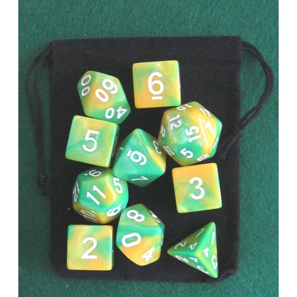 Dinosaur (Green / Yellow) RPG D&D Dice Set: 7 + 3d6 = 10 polyhedral die plus bag!