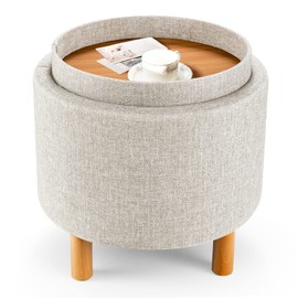Giantex Round Storage Ottoman with Tray, Accent Storage Footstool w/Soft Padding, Fabric Sitting Stool w/Solid Wood Legs & Non-Slip Pads, Tray Top Coffee Table for Living Room, Bedroom (Beige)