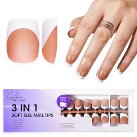 Gellen Puntas de Gel Suave Francés - 150 Pzas Punta Francesa Blanca Corta Presione Sobre Uñas Marrón Forma Cuadrada, 3 En 1 Puntas de Gel Prefrancesas