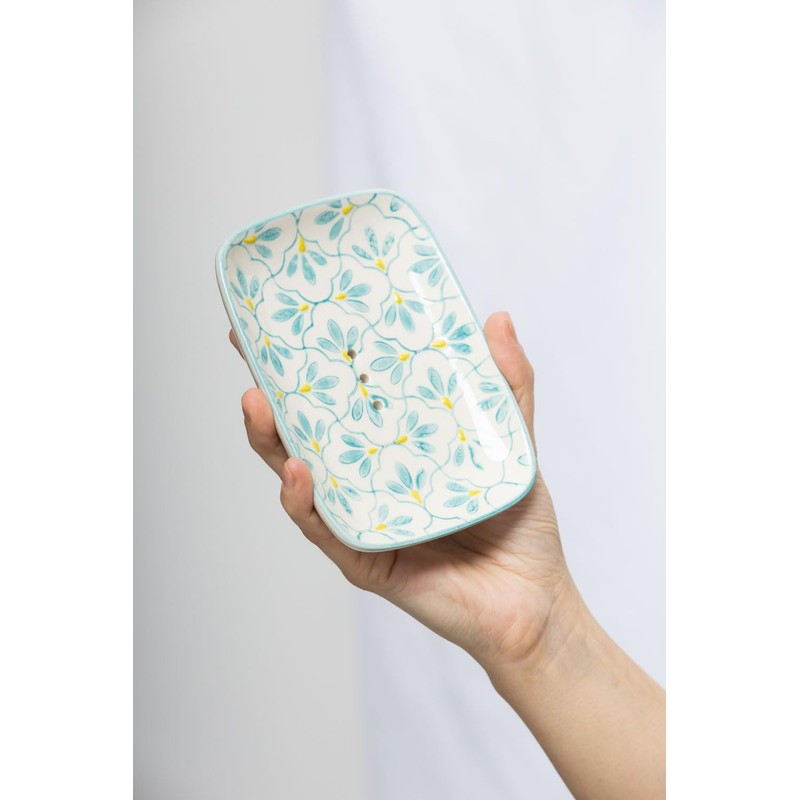 Large Rectangular Soap Dish Tray Floral/Blue Ceramic with Holes for