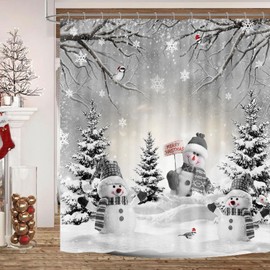 Cortina de ducha de invierno de granja, linda cortina de ducha de muñeco de nieve, bosque de pino, escena de árbol de pino, para baño, rústico, Navidad, copo de nieve, día festivo, gris, accesorios de