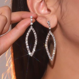 Inilbran Boho Crystal Circle Earrings Silver Rhinestone Circle Hoop Earring Hollow Crystal Cz Circle Drop Earrings Vintage Cz Circle Oval Hoop Earrings Jewelry for Women and Girls