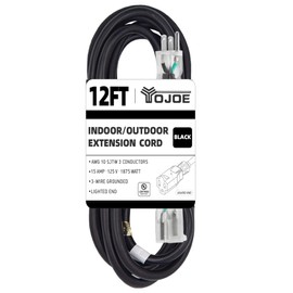 YOJOE 12 Foot 10/3 Lighted Outdoor Extension Cord - 10 Gauge 3 Prong SJTW Heavy Duty Black Extension Cable with 3 Prong Grounded Plug for Safety,UL Listed