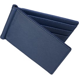 Dom Teporna Men's Money Clip, Cowhide Leather, Thin Bifold Wallet, No Coin Purse, Card Case, 3 Colors Available, saffiano navy