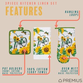 3 Piece Bicycle & Sunflowers Printed Kitchen Linen Set By PREMIUS,1 Cotton Towels,1 Potholder,1 Oven Mitt with Hanging Loop,100% Cotton Material on Front & Polyester Backing, Perfect Kitchen Accessory