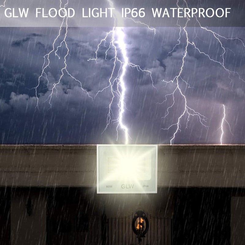 GLW 60W Flood Light Outdoor IP66 Waterproof Security Lights,6000LM 3000K