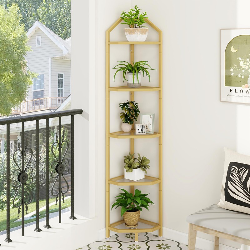 5 Tier Corner Shelf Stand, Gold Metal Frame Corner Shelf