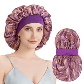 ZHENSILK Satin Sleep Bonnet for Women, Double Layer Hair Cap with Soft Elastic Band, Large Silk Bonnet for Sleeping Curly Hair, Anti-Frizz Night Cap (Purple Mist)