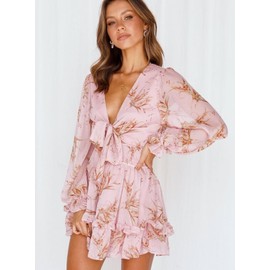 AlvaQ Womens Floral Print Long Sleeve A Line Ruffle Short Dress Summer V Neck Knot Front Swing Sundress Pink Fashion Small