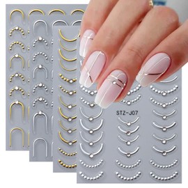 4 Sheets French Tip Nail Stickers 3D Self-Adhesive Gold Sliver Lines Nail Art Stickers Curved Stripe Designs with Crystal Rhinestones French Nail Decals for Women Girls Acrylic Manicure Decorations