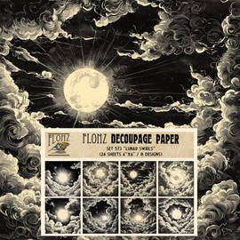Decoupage Paper Pack (24 Sheets 6"x6") Lunar Swirls: Engravings Clouds Circling The Moon for Mystical Celestial Creations # Vintage Styled Paper for Craft and Scrapbooking
