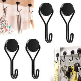 KARELLS Pack of 4 Black Magnetic Hooks, Magnetic Hooks, Extra Strong, Pivoting Swing Neodymium Magnetic Hooks, Key Holder, for Iron Doors, Refrigerators, Kitchen, Clothes Rack, Office, Magnetic Hooks
