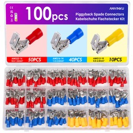 ANVINKU 100PCS Piggy Back Spade Connectors, 22-10 AWG (0.5-6mm²) Piggy Back Electrical Connector, Insulated Piggyback Crimp Connectors Kit for Automotive, Motorbike and Household Appliances