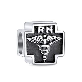Nurse Nursing RN Registered Caduceus Cross Shape Charm Bead For Women Oxidized .925 Sterling Silver Fits European Bracelet