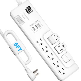 USB Power Strip Surge Protector - with Rotating Outlets, 3 Roating & 5 Standard Outlets, 2300J Surge Protection, 3 USB Ports (1 USB C), Flat Plug, 14AWG 6FT Extension Cord, PD 18W Fast Charging