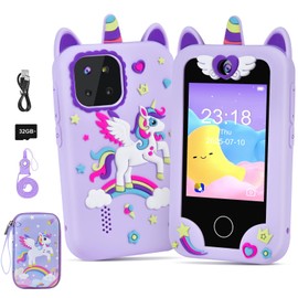 Elecoutek Kids Smart Phone, Toddler Unicorn Phone Toys for 3 -10 Year Old Kids, Mobile Phone Toy with Dual Cameras, 2.8 Inch Touchscreen, Learning, Music Player, Games, 32 GB Card and Bag (Purple)