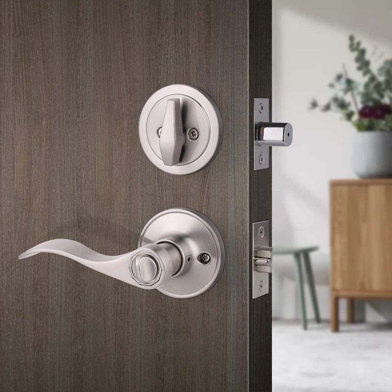 Gobrico Satin Nickel Keyed-Alike Door Levers and Single Cylinder Deadbolts
